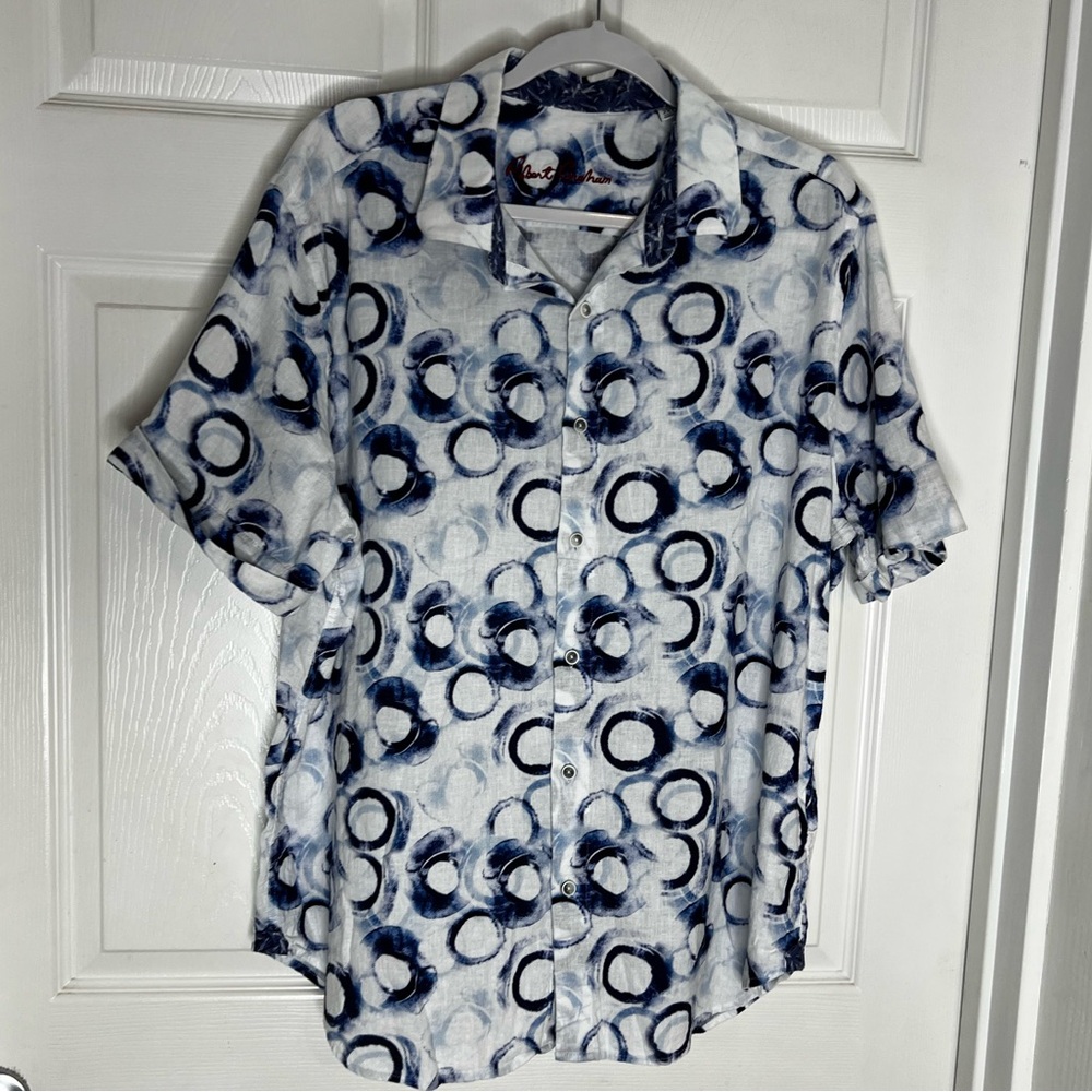 Robert Graham Blue White Linen Blend Casual Button Down Shirt Sz 2XL